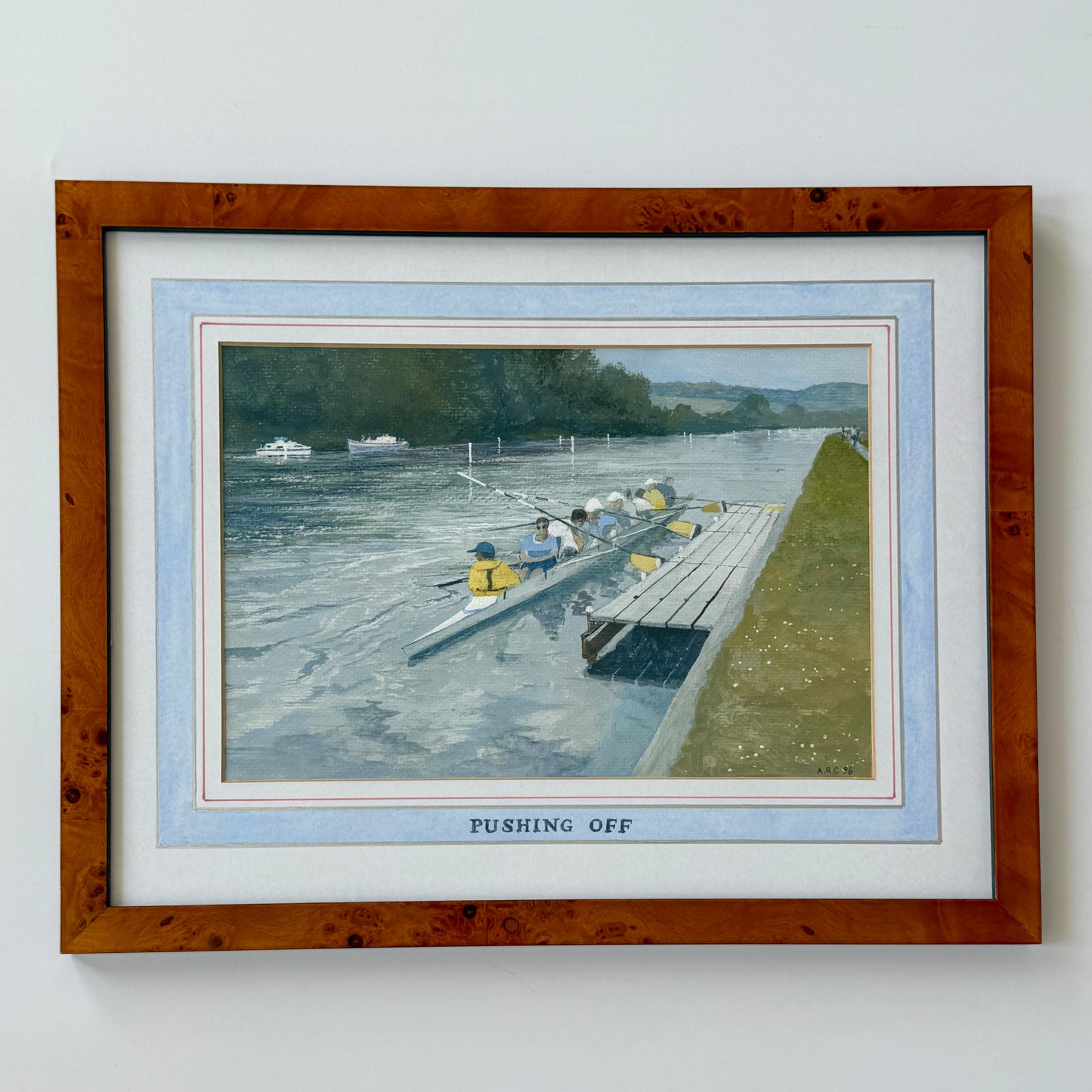 Pushing Off Crew Race Gouache Painting in Burlwood Frame