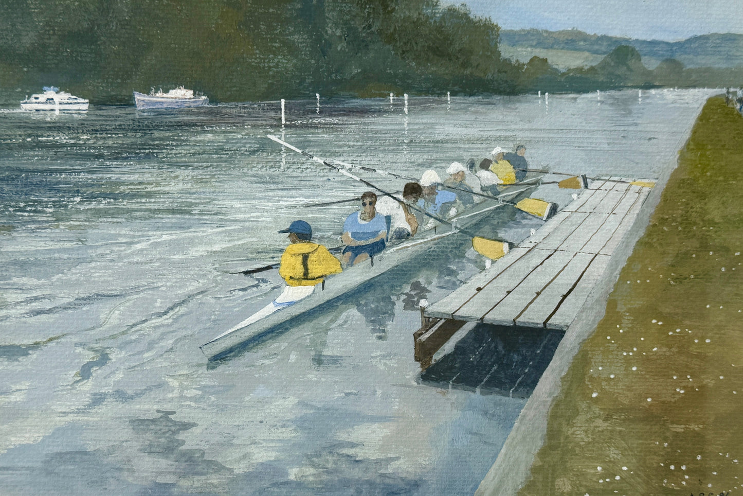 Pushing Off Crew Race Gouache Painting in Burlwood Frame