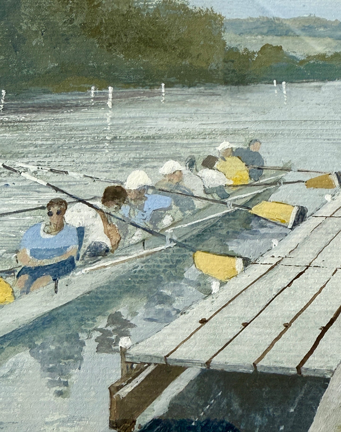 Pushing Off Crew Race Gouache Painting in Burlwood Frame