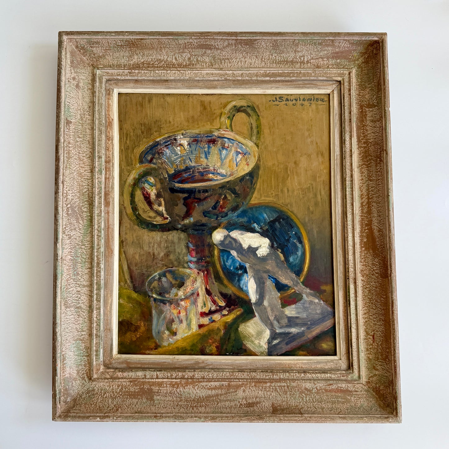 Jean Sauvignier 1947 Ancient Greek French Still Life Nature Morte Oil Painting in Washed Wood Frame