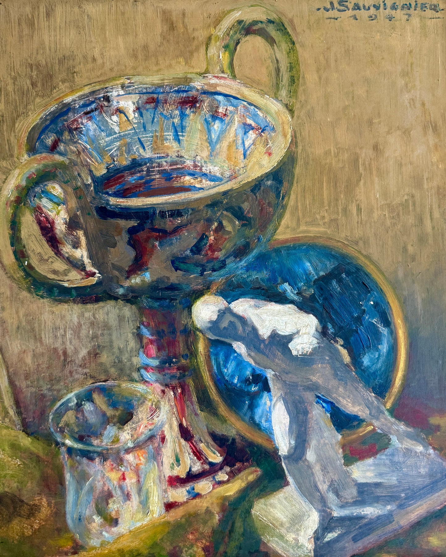 Jean Sauvignier 1947 Ancient Greek French Still Life Nature Morte Oil Painting in Washed Wood Frame