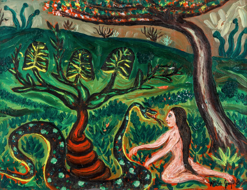 Vintage Eve and the Serpent in the Garden of Eden Folk Oil Painting in Acrylic Frame