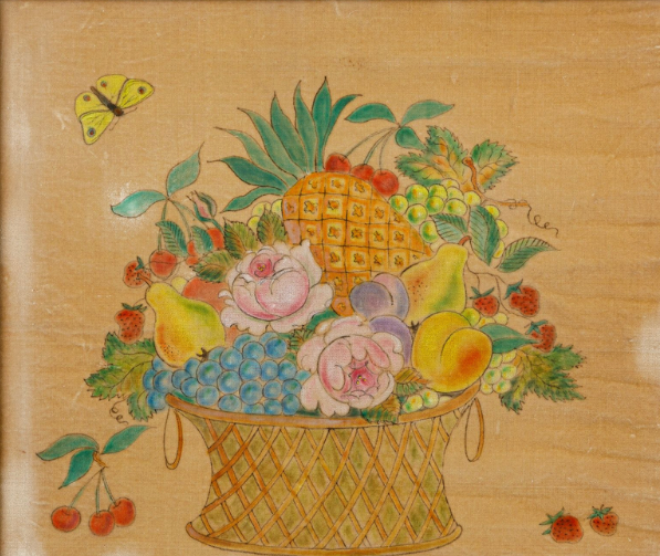 19th Century Oil on Velvet Theorem Fruit Basket with Butterfly in Gold Frame