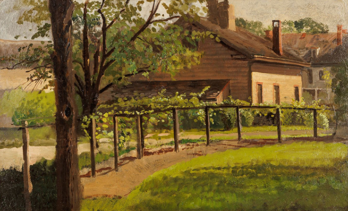 Late 19th / Early 20th C. Frank Waller Horse Rail Farm House Landscape in Gold Frame