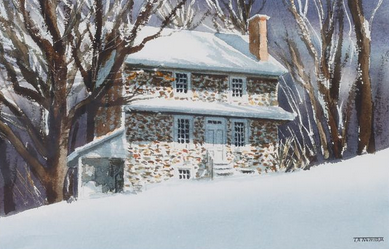 Thomas Newnam Chadds Ford Pennsylvania Landscape John Chad House in Winter Watercolor in Gold Frame