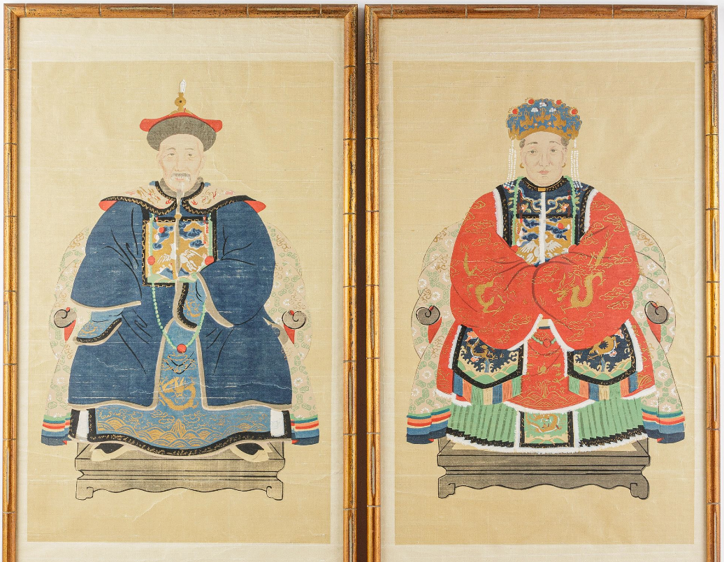 Pair of Chinese Ancestral Husband and Wife Couple Portraits on Silk in Gold Bamboo Frame