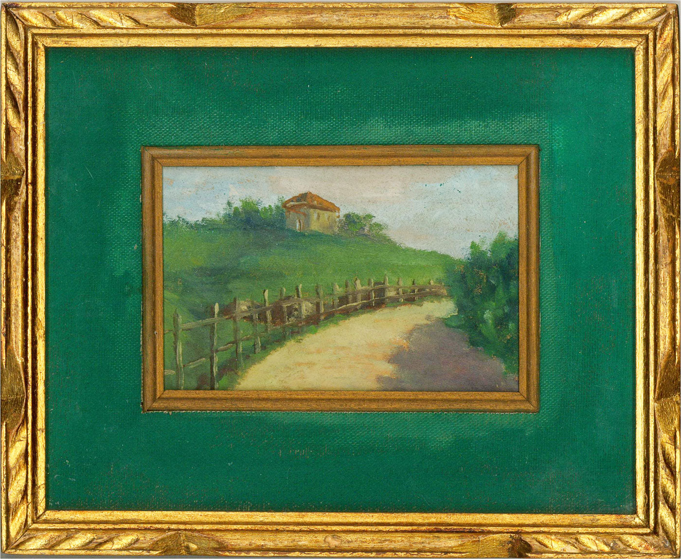 20th century Country Road Landscape Oil Painting in Velvet Mat and Carved Gold Frame