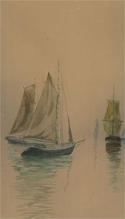 Early 20th Century Antique Sailboats in Seascape Watercolor Painting in Gilded Frame