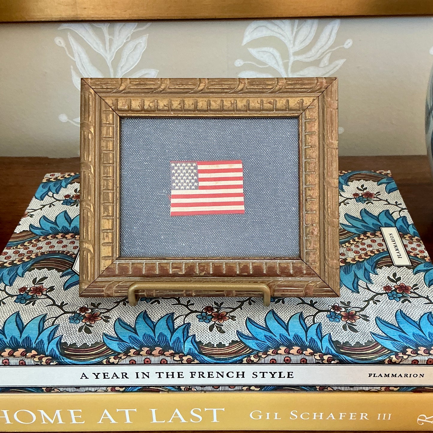 Antique Silk 36 Star American Flag on Blue Pique in Dark Gold Carved Frame