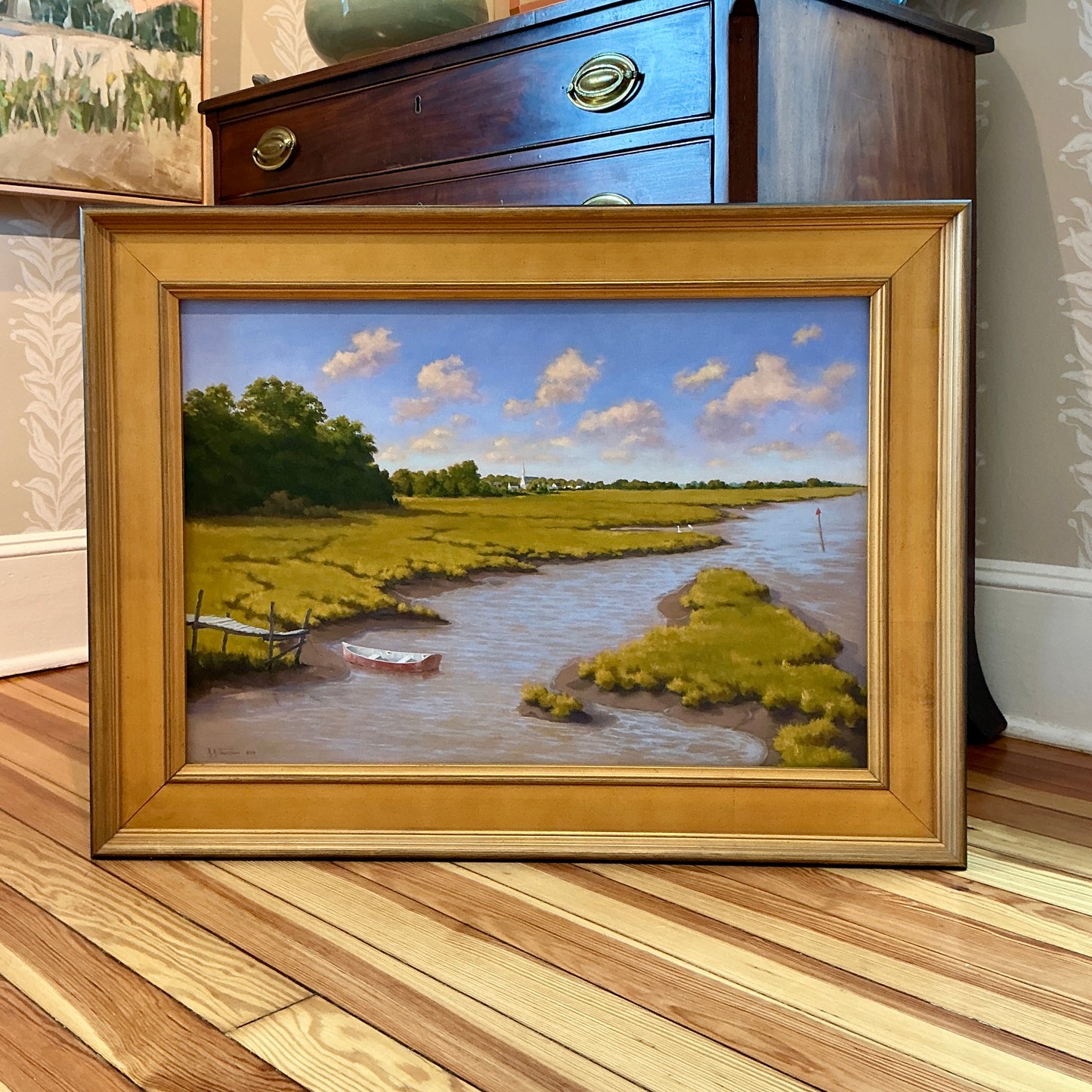 Anthony R. Thompson Village By A Marsh Coastal Landscape Oil Painting in Gold Frame