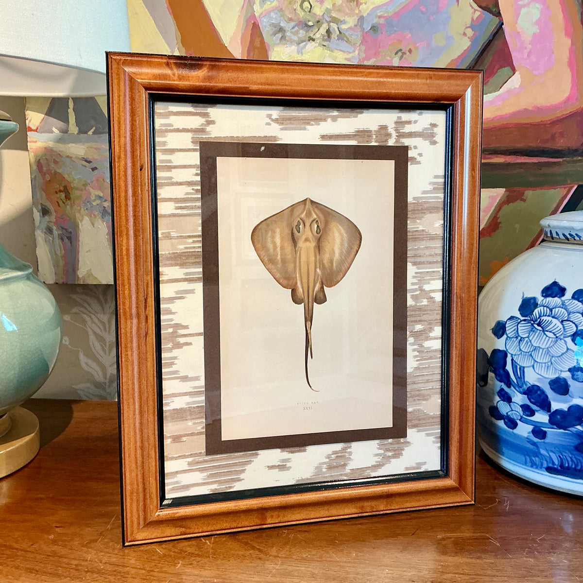 19th Century Hand Colored Sting Ray Lithograph on Neutral Ikat Fabric in Wood Frame