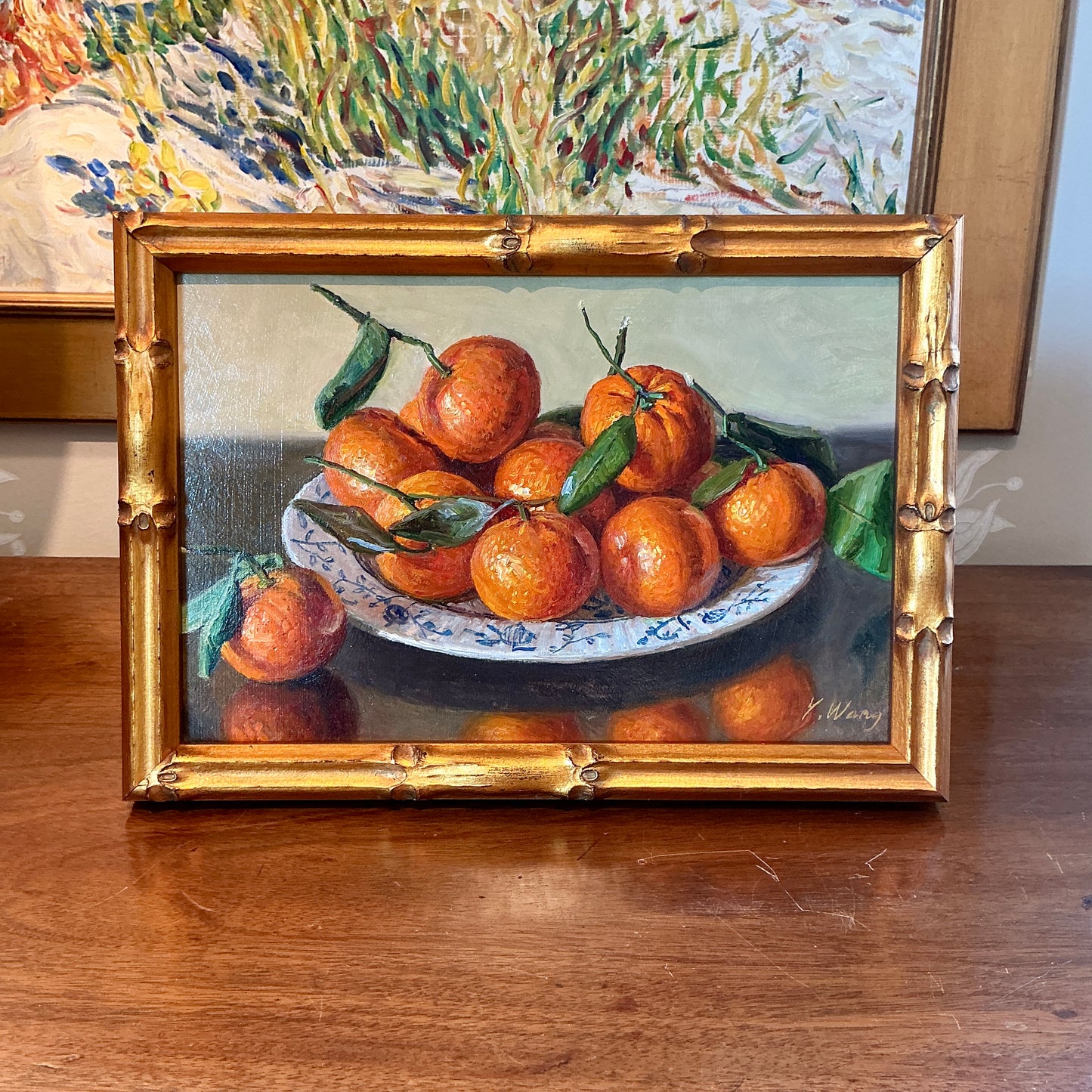 Youqing Wang Clementines in White and Blue Bowl Still Life Oil Painting In Gold Bamboo Frame