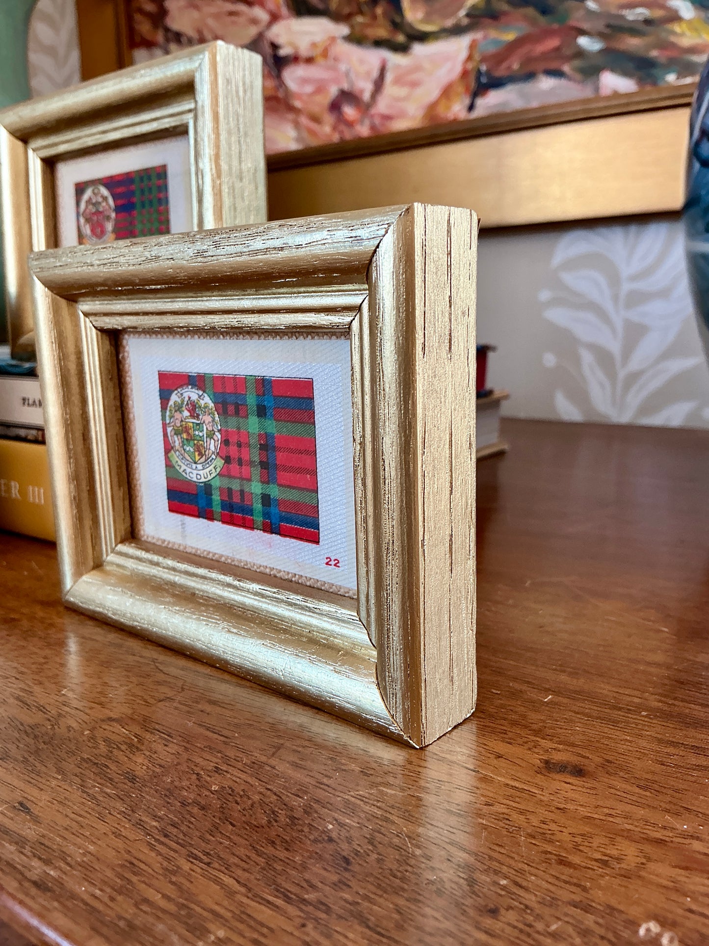 Set of Five Antique Scottish Tartan Tobacco Silks on Neutral Pique in Gold Frame