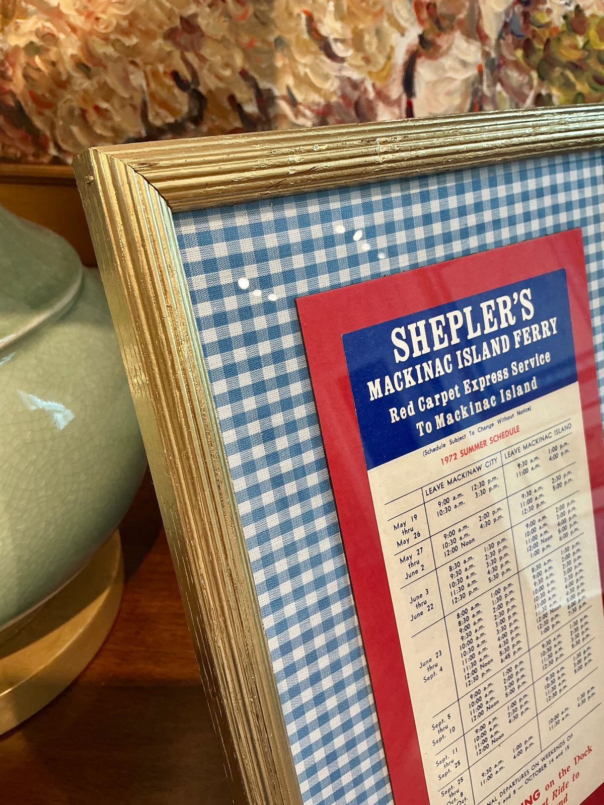 Vintage Mackinac Island Ferry Schedule on Blue Gingham in Gold Frame