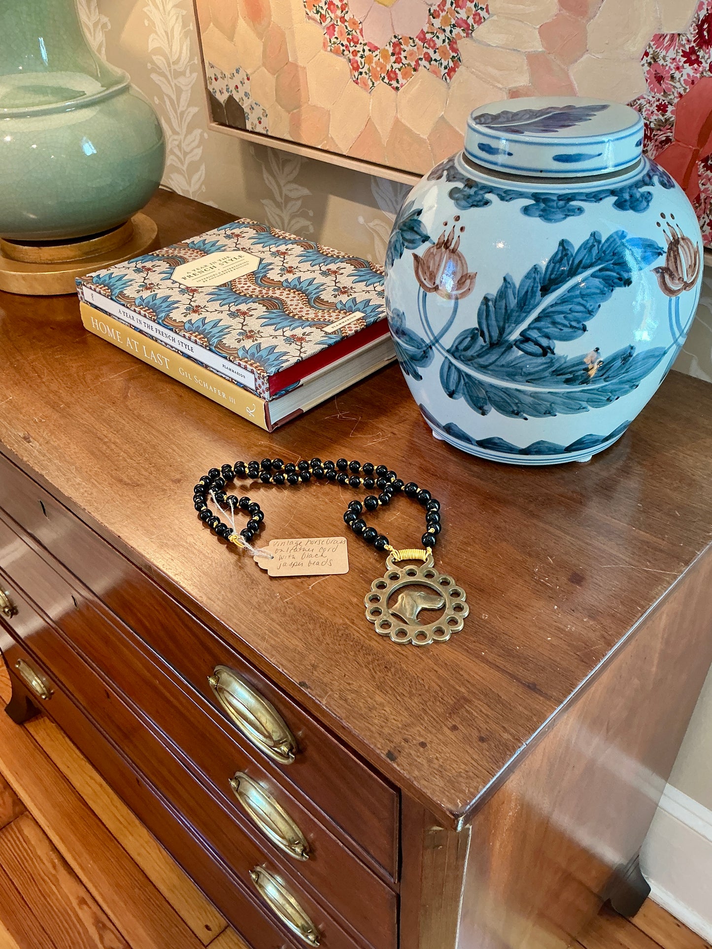 Antique English Horse Brass Dog Medallion Black Jasper Beaded Hand Knotted Necklace