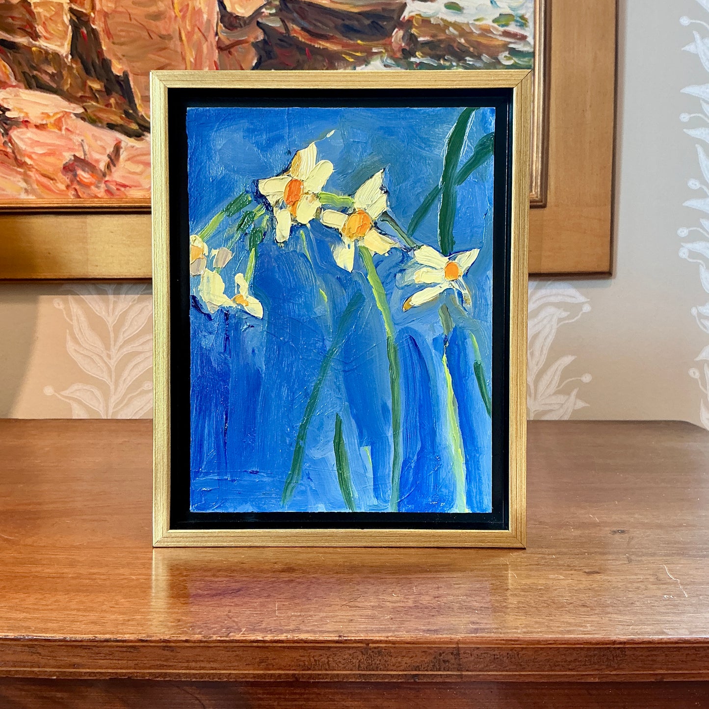 Gretchen McGinnis Handful Of Yellow Mini Daffodils Still Life Oil Painting in Gold Floater Frame