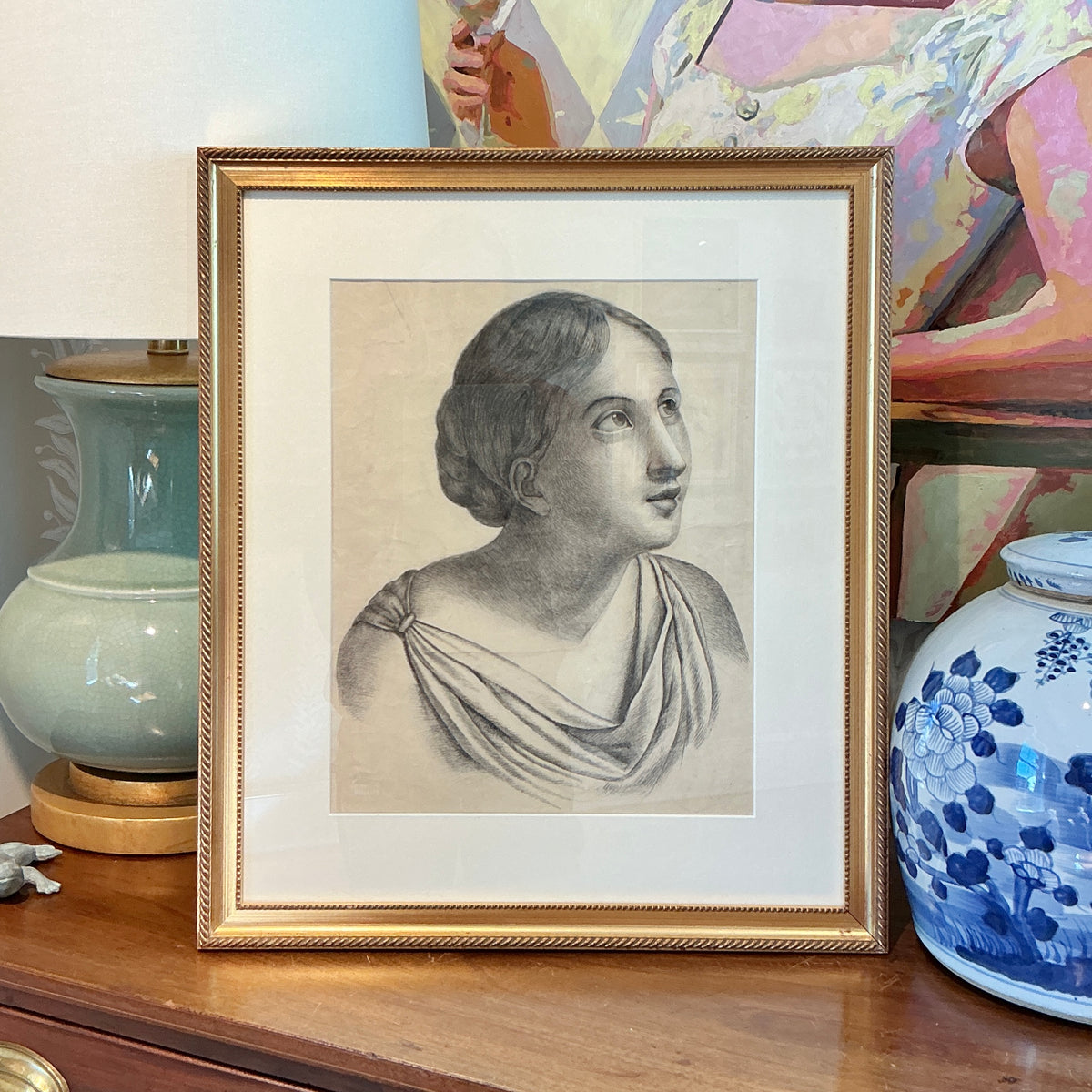 Early 19th Century Daydreaming Young Woman's Portrait Charcoal Drawing in Gold Frame
