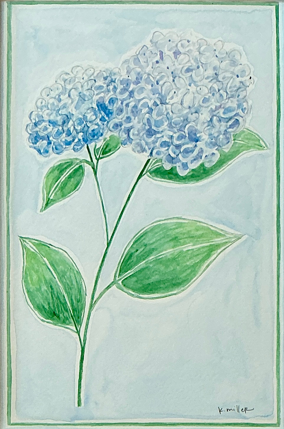 Kate Miller Blue Hydrangea Botanical Watercolor Painting in White Lattice Frame