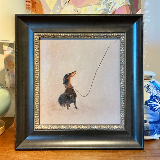 The Patient Dachshund Dog Portrait Oil Painting in Vintage Black Frame