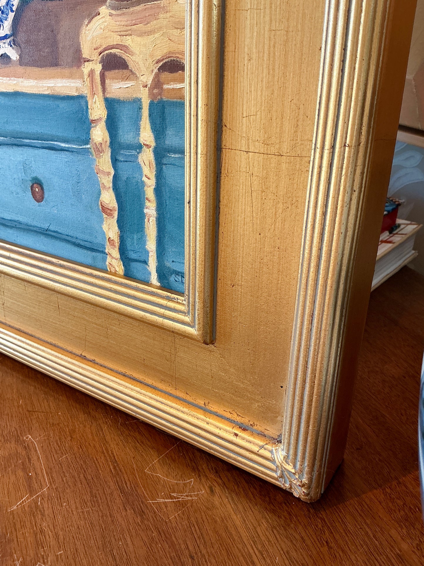 Stephanie Doucet Delft Tulipiere On The Blue Shelves Still Life Oil Painting in Gold Frame