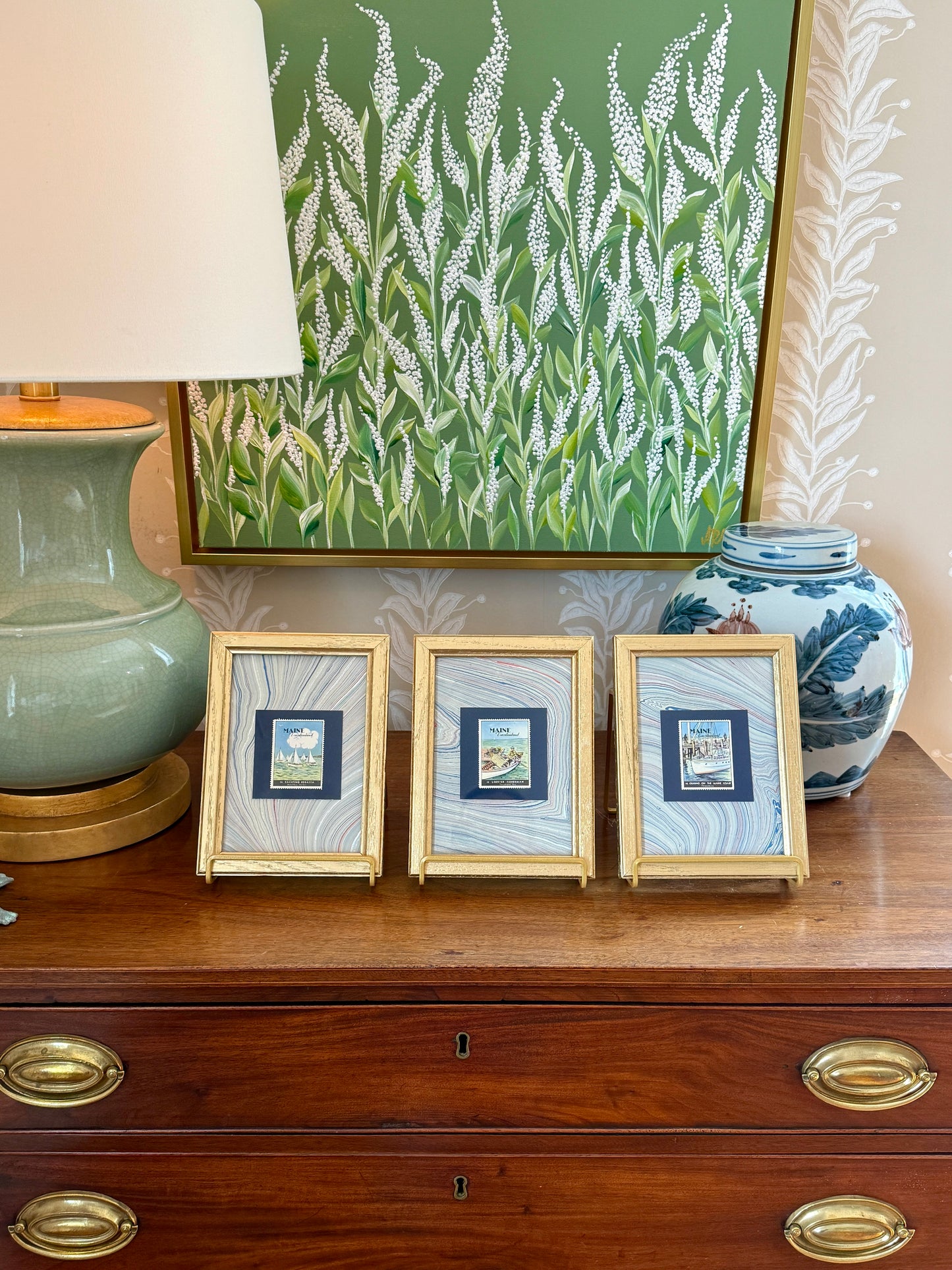 Set of Three 1940 Maine "Vacationland" Stamps on Blue Hand Marbled Paper in Gold Frames
