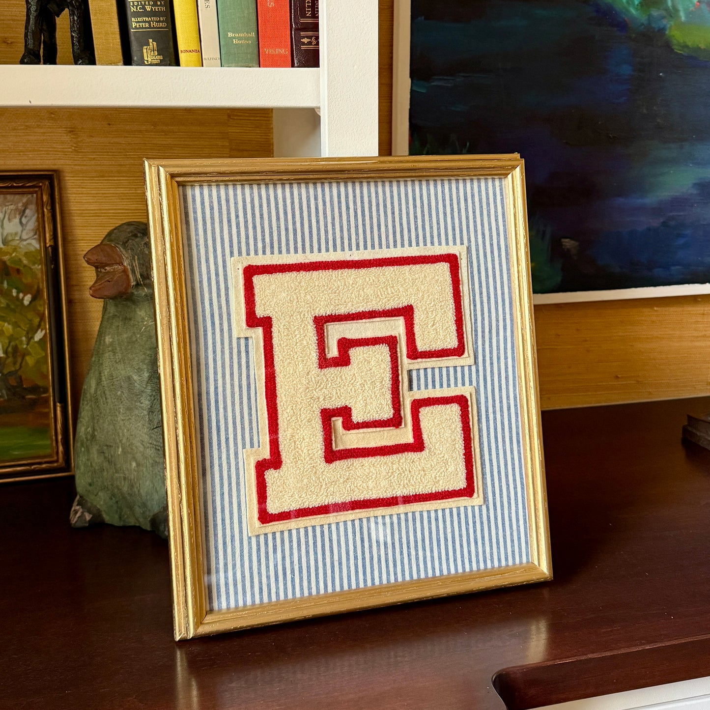 Vintage Large Varsity Initial Letter "E" on Blue Ticking Stripes in Gold Frame
