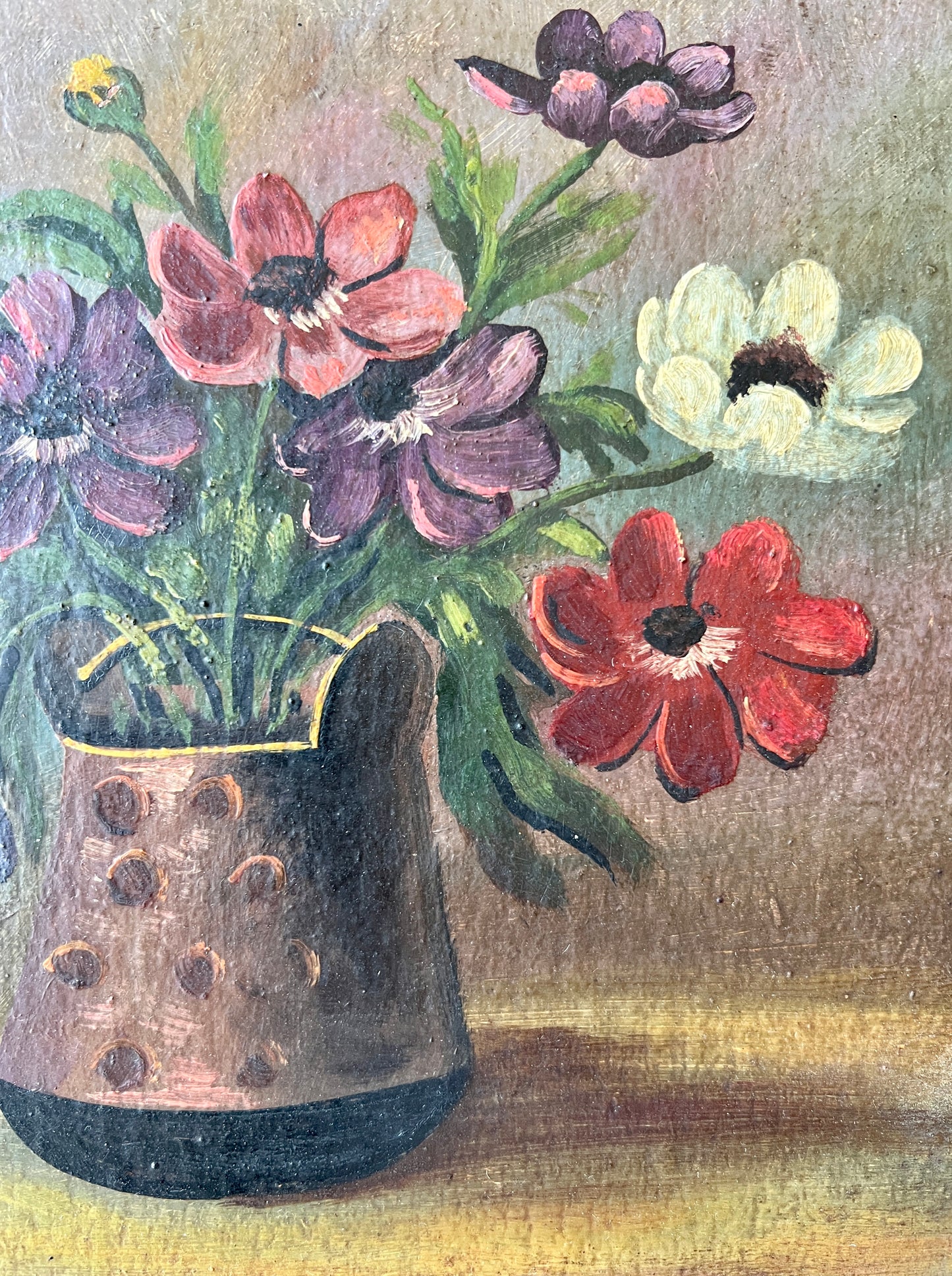 Antique Early 20th century Anenomes in Polka Dot Vase Still Life Oil Painting in Original Gold Frame