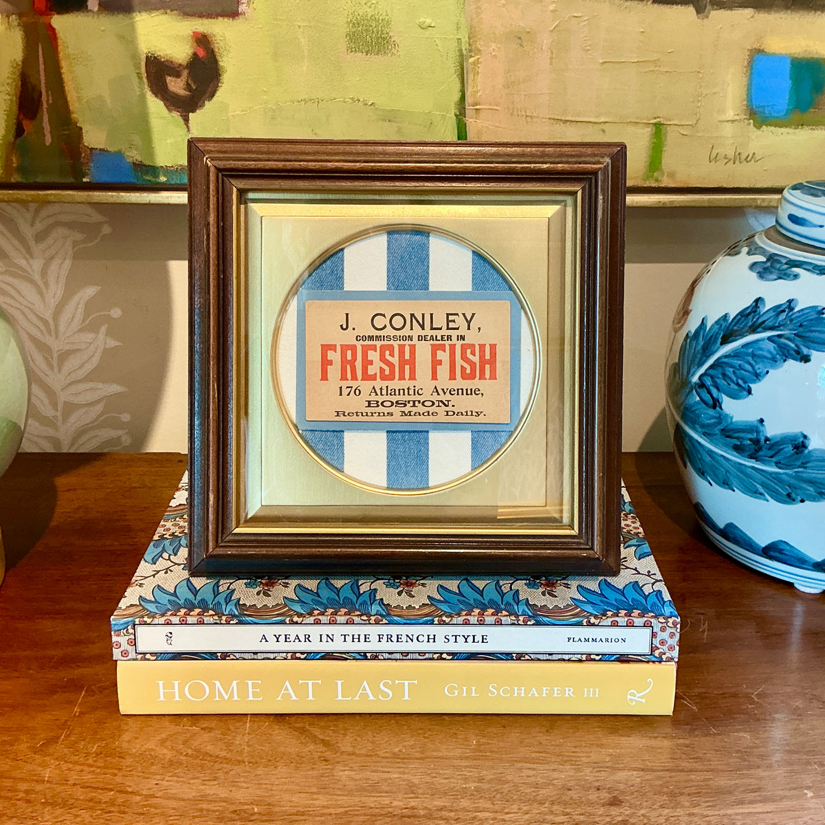 Vintage Fresh Fish Old Boston Fishmonger's Tag on Blue and White Stripes in Wood Frame with Gilded Liner