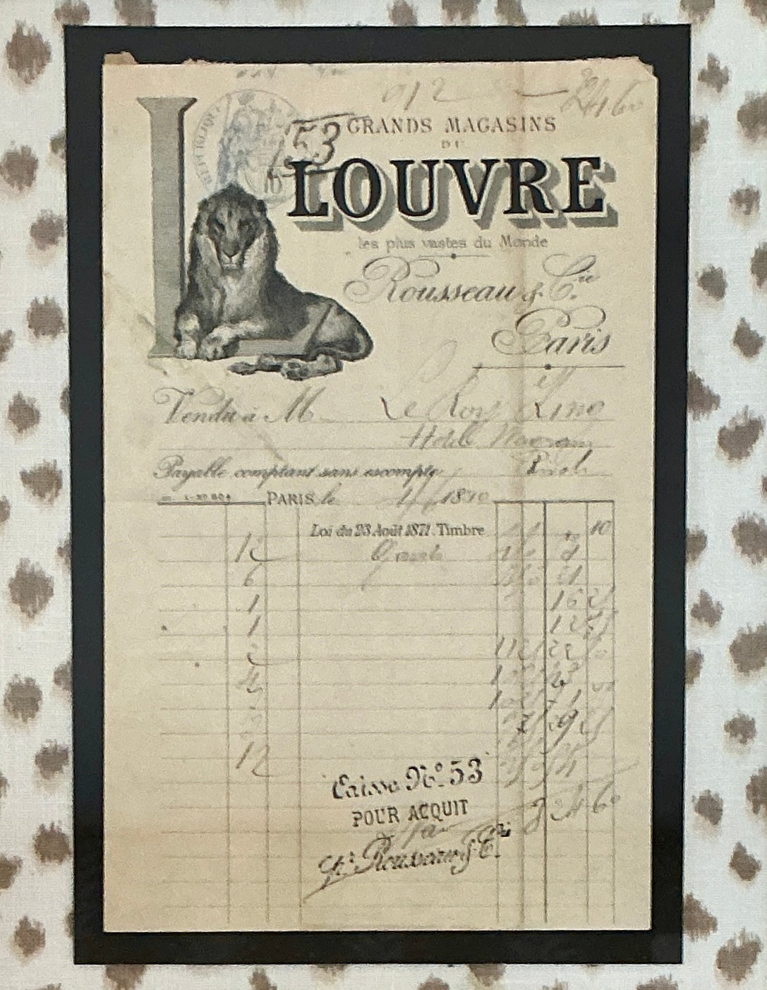 Late 19th Century Parisian Receipt on Tan and White Spotted Fabric in Gold Frame