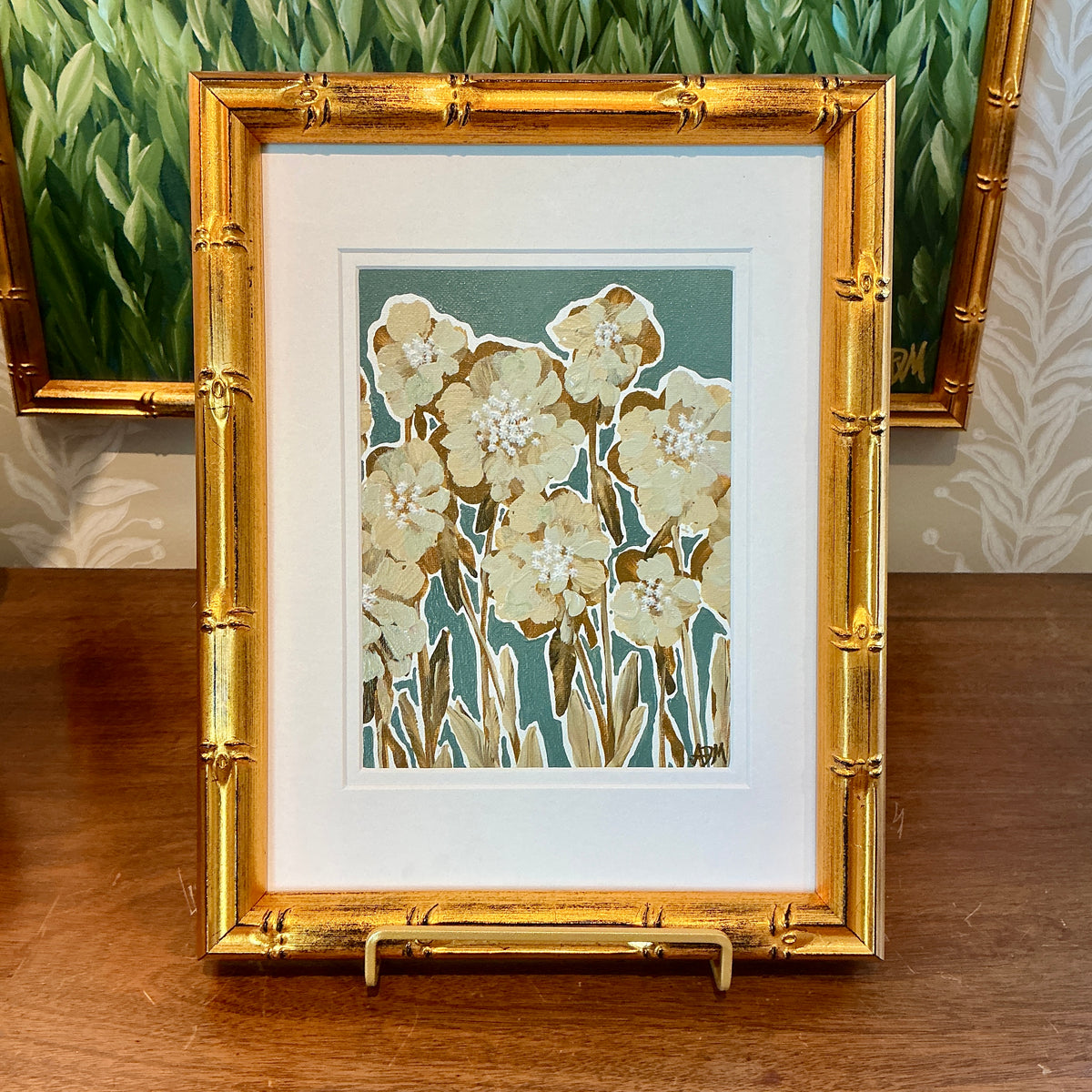 Alison Diamond McElroy Wild Grace Abstract Floral Painting in Gold Bamboo Frame