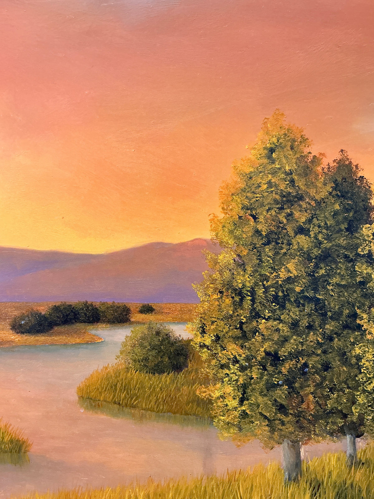 Greg Skol Winding River Psalm Sunset Landscape Oil Painting in Gold Floater Frame