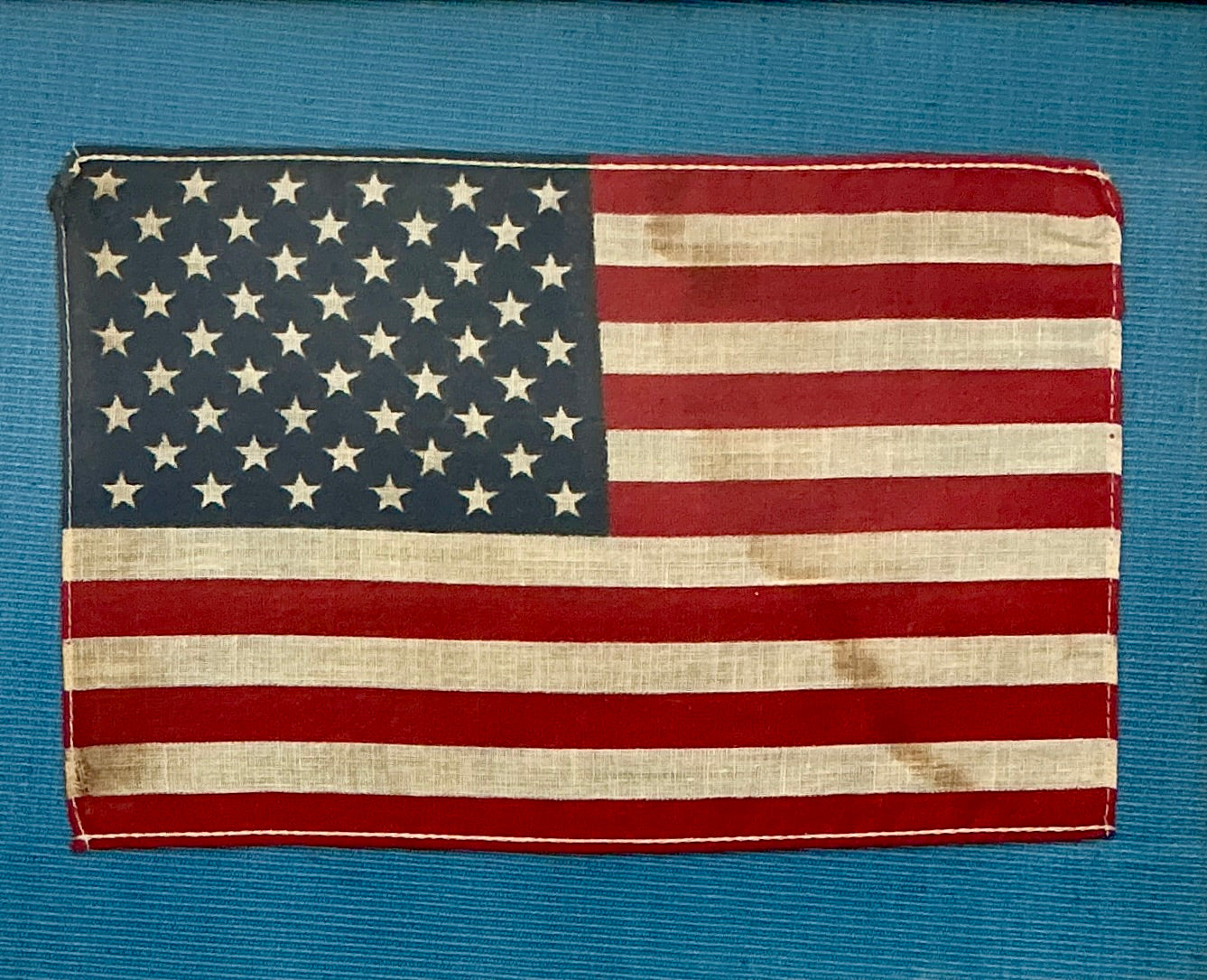 Vintage 50 Star American Flag on French Blue Twill in 19th Century Wood Frame with Gilded Liner