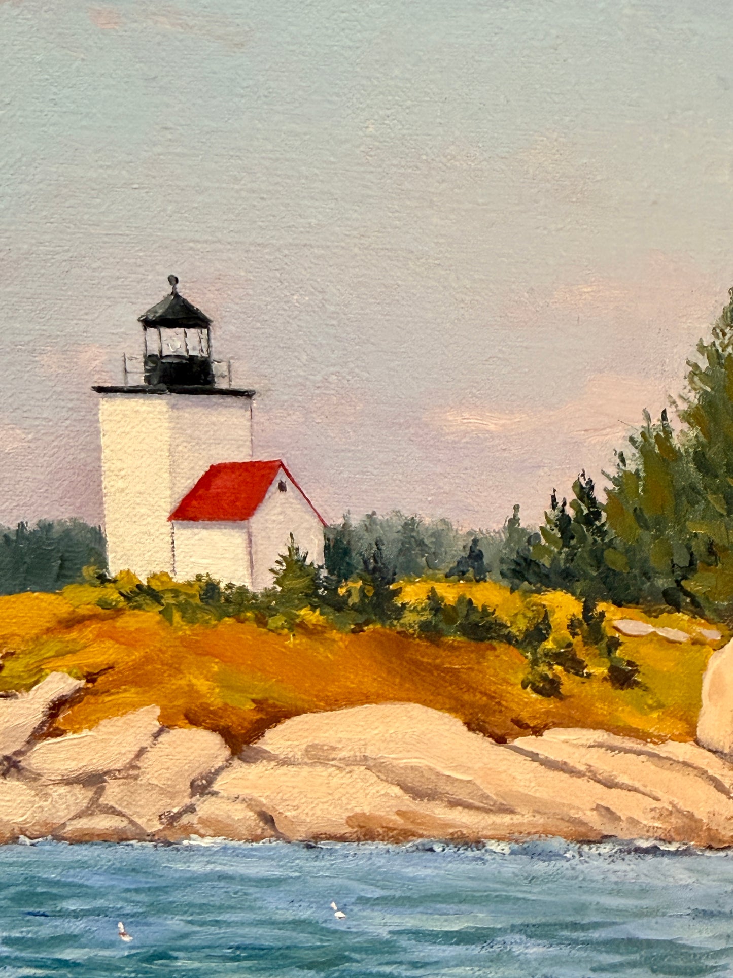 Anthony R. Thompson Deer Isle Lighthouse Lobster Boat Coastal Landscape Oil Painting in Gold Frame