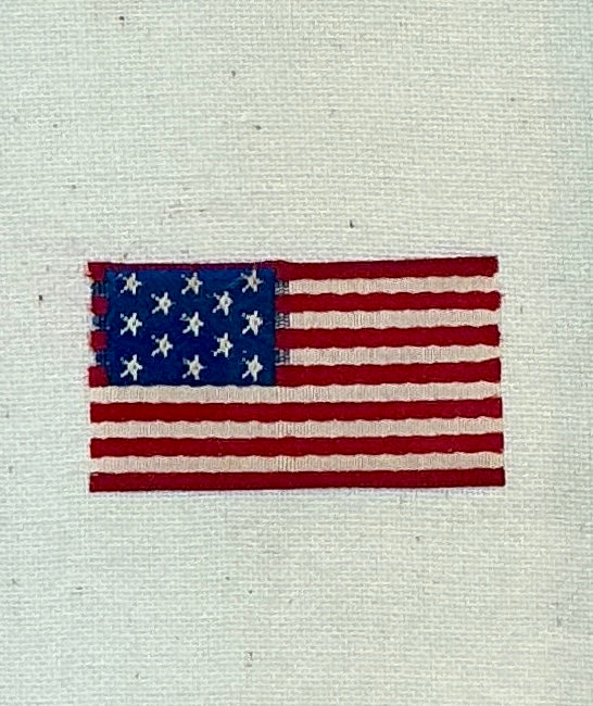 Antique Silk 13 Star American Flag on Ivory Muslin in Black Frame with Gilded Liner