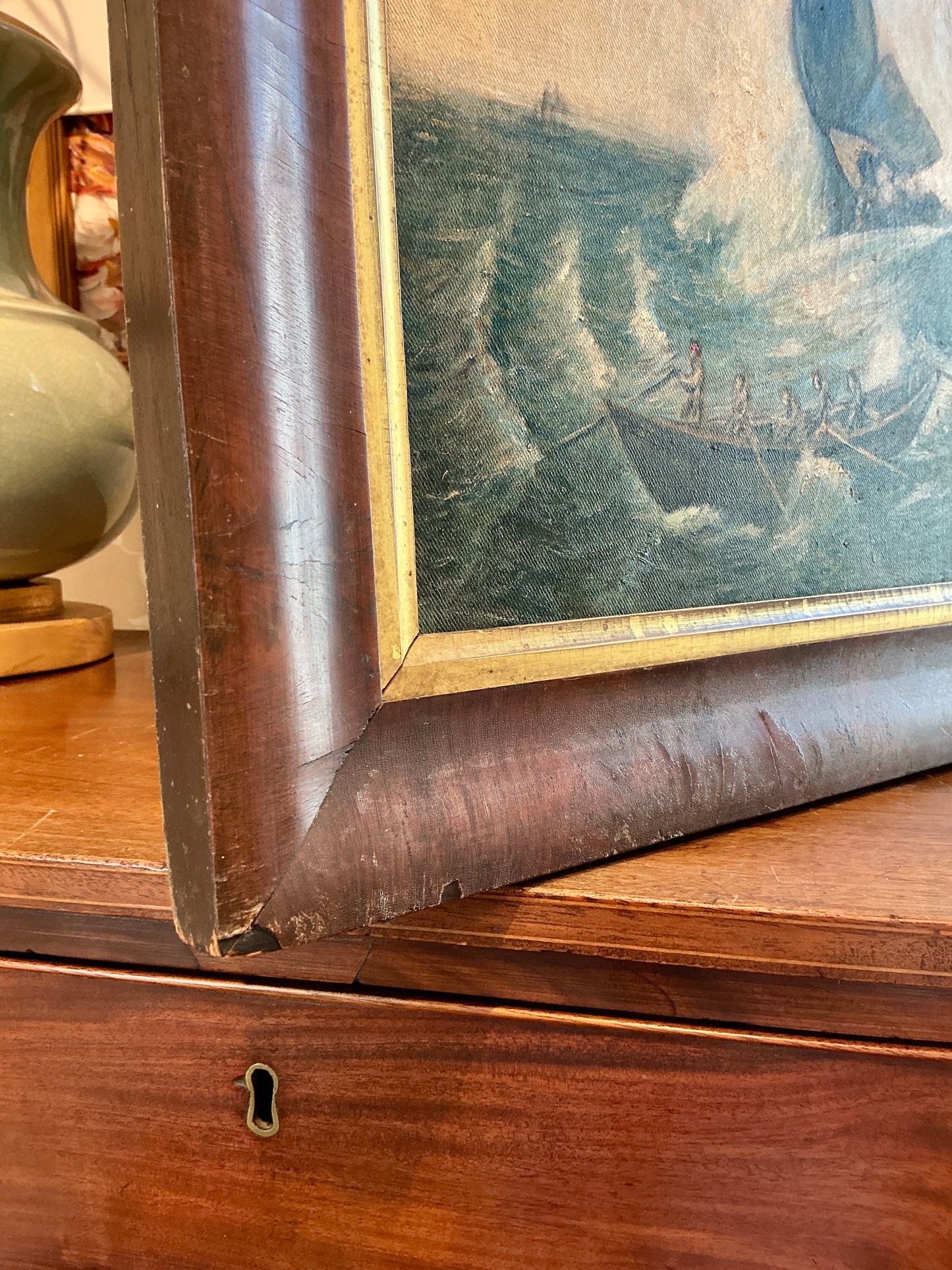 19th Century "Nantucket Sleigh Ride" American Folk Whale Seascape Whaling Scene Oil Painting in Wood Frame With Gilded Liner