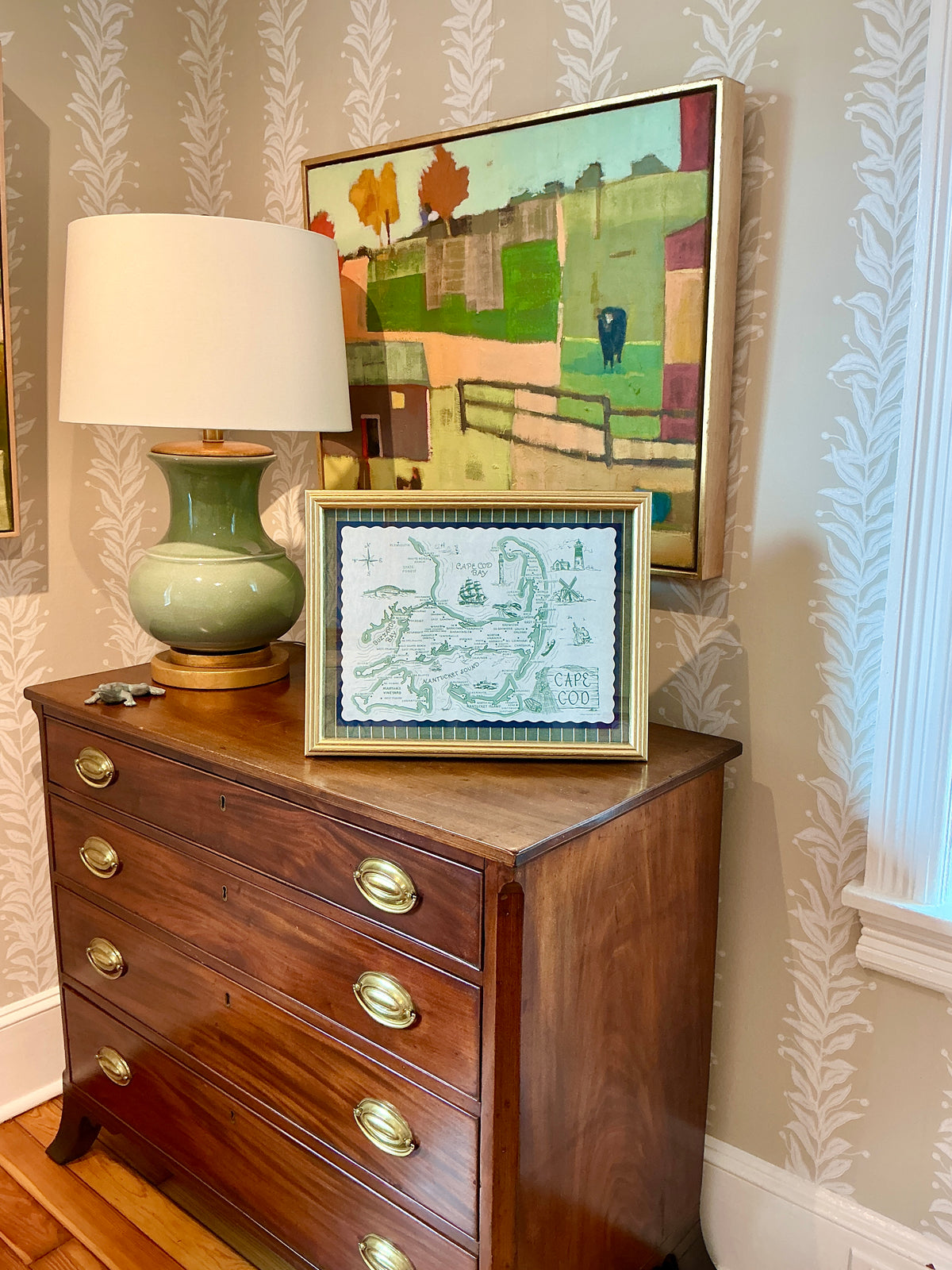 1962 Vintage Cape Cod Nantucket Martha's Vineyard Placemat Map on Green Stripes in Gold Frame