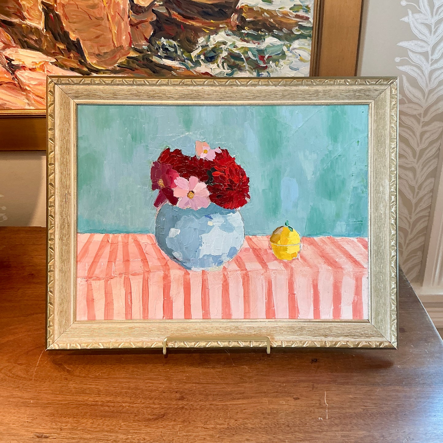 Gretchen McGinnis Bowl Of Peonies In May Still Life Oil Painting in Carved Wood Frame