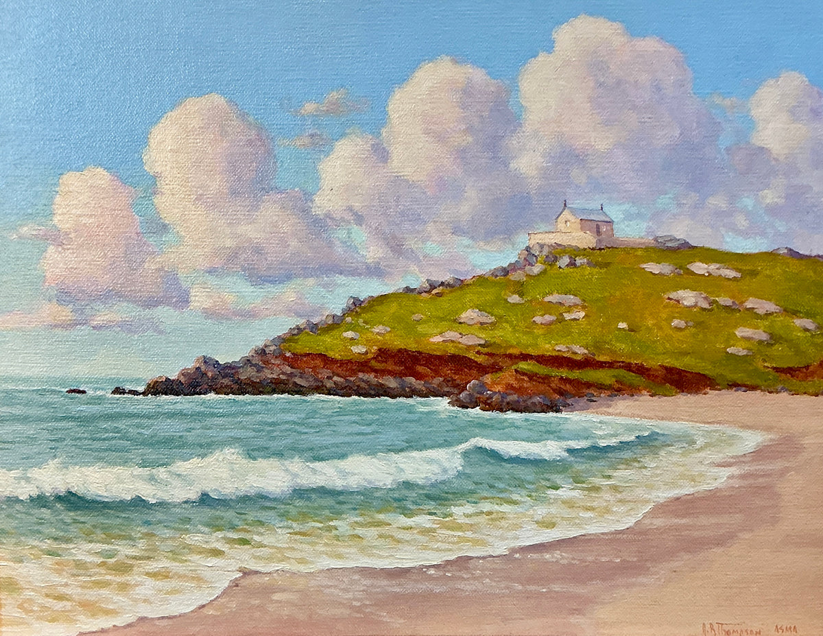 Anthony R. Thompson Chapel at St. Ives Cornwall England Coastal Landscape Oil Painting in Gold Frame