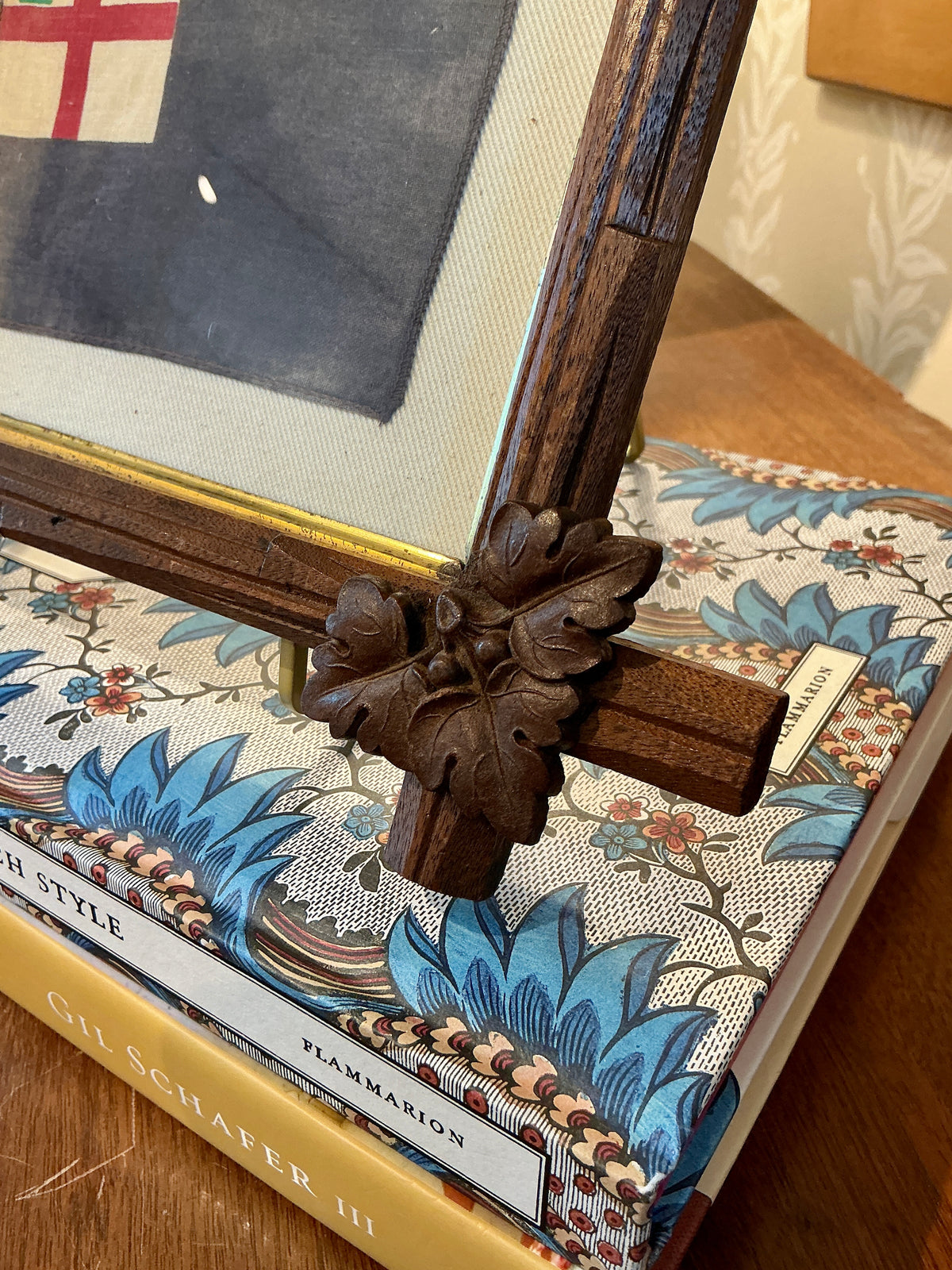 Vintage Bunker Hill Flag on Ivory Duck Cloth in Antique Hand Carved Wood Frame with Gilded Liner