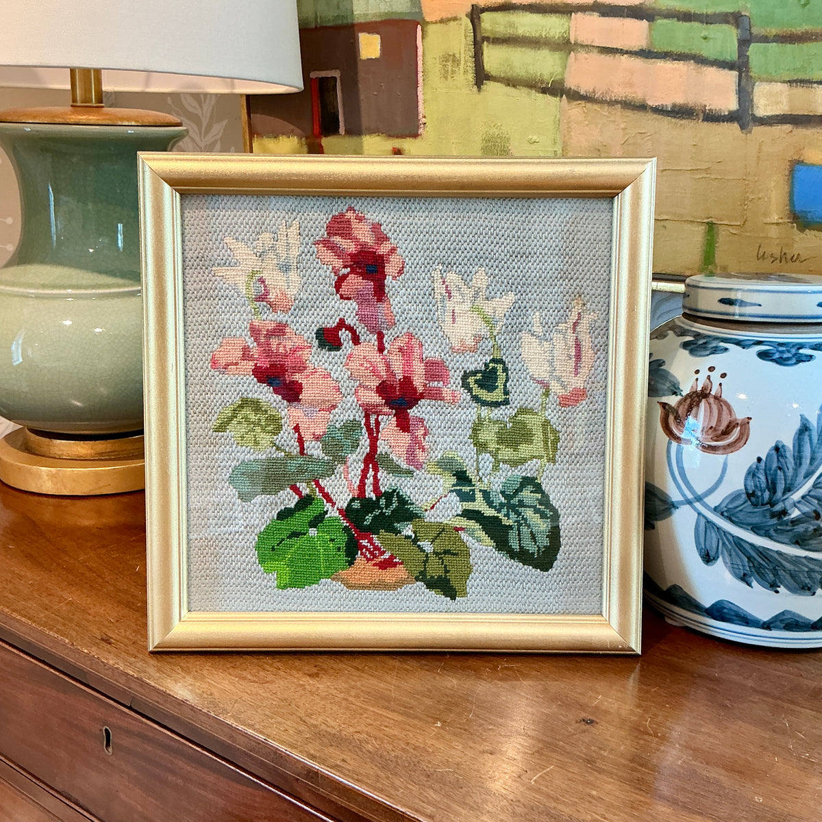 Vintage Orchid Needlepoint in Gold Frame