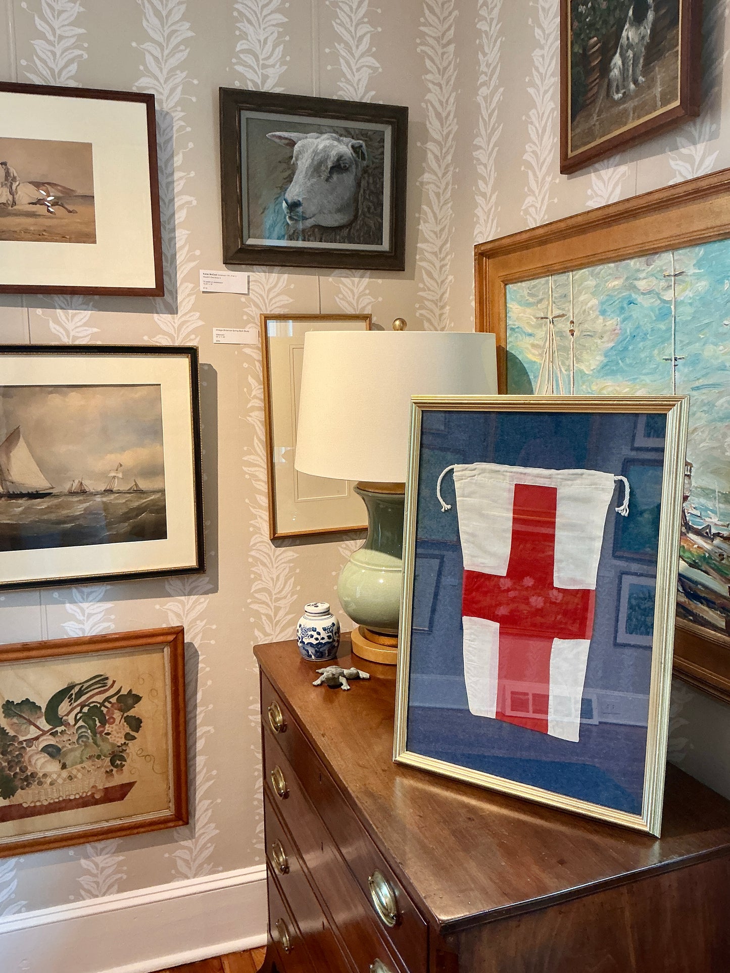 Vintage Canvas Nautical Signal Flag for "8” on Chambray in Gold Frame