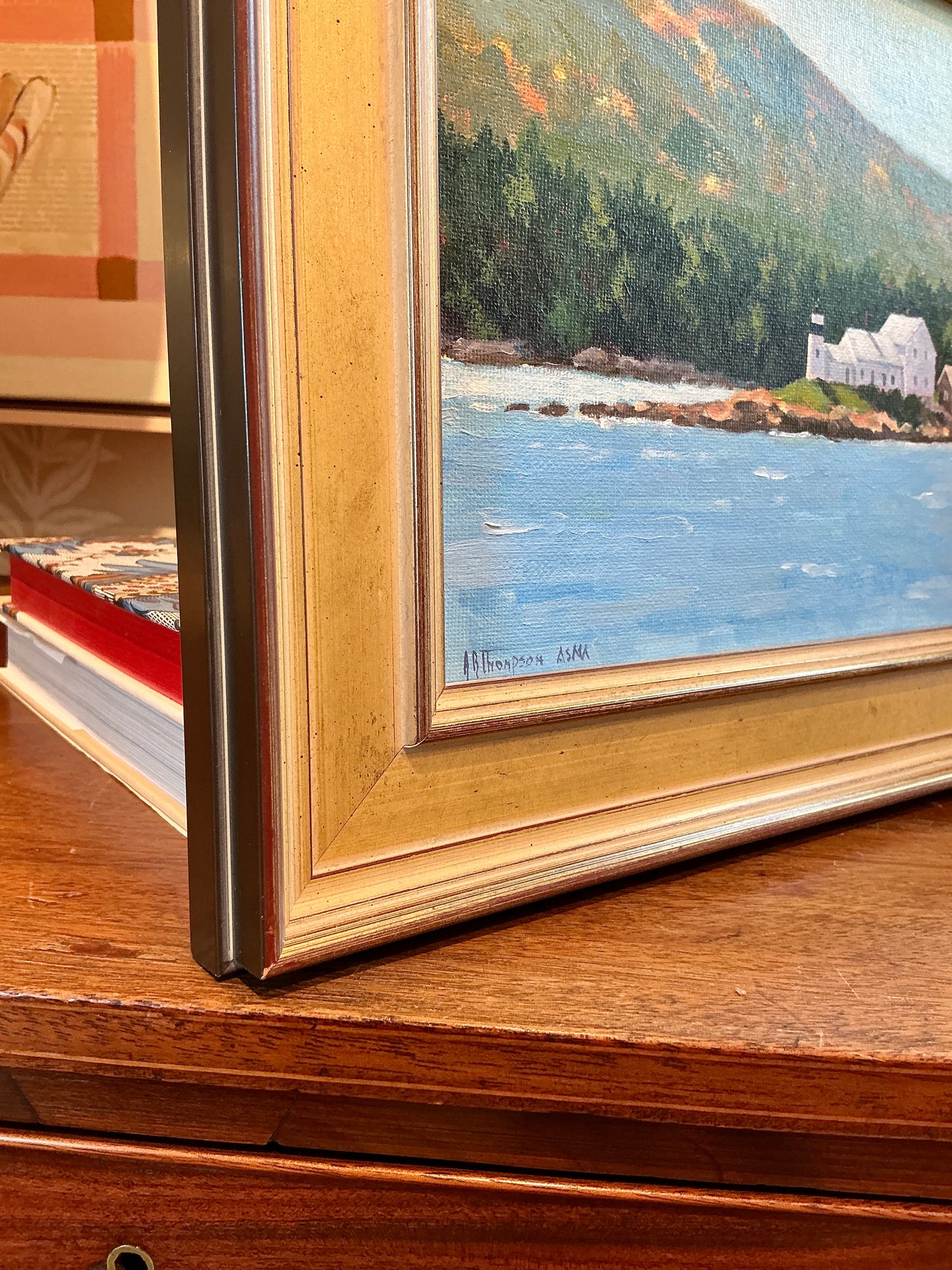 Anthony R. Thompson Winter Harbor Light Maine Coastal Landscape Oil Painting in Gold Frame