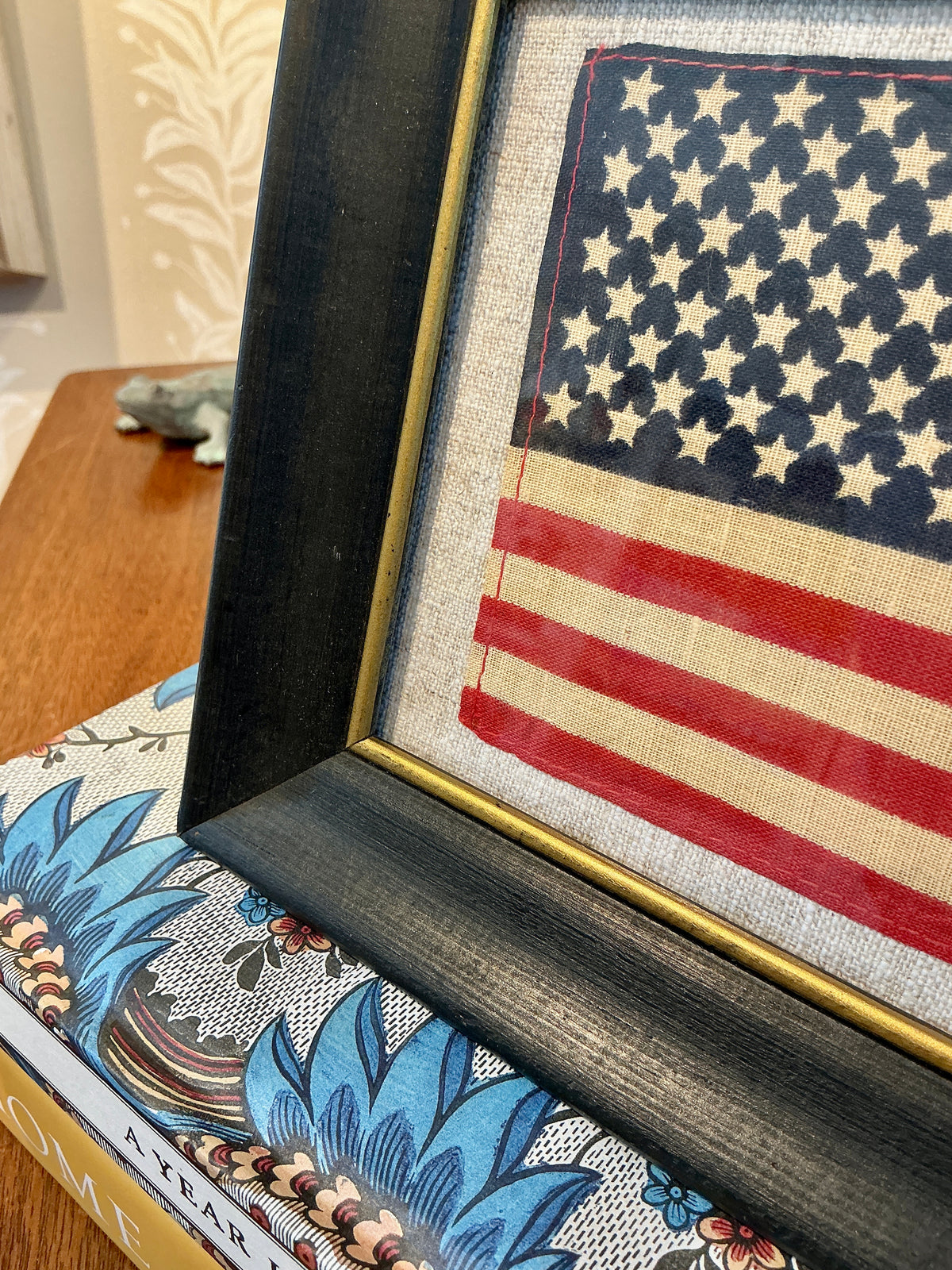 Vintage 50 Star American Flag on Light Grey Grain Sack Fabric in Black Frame