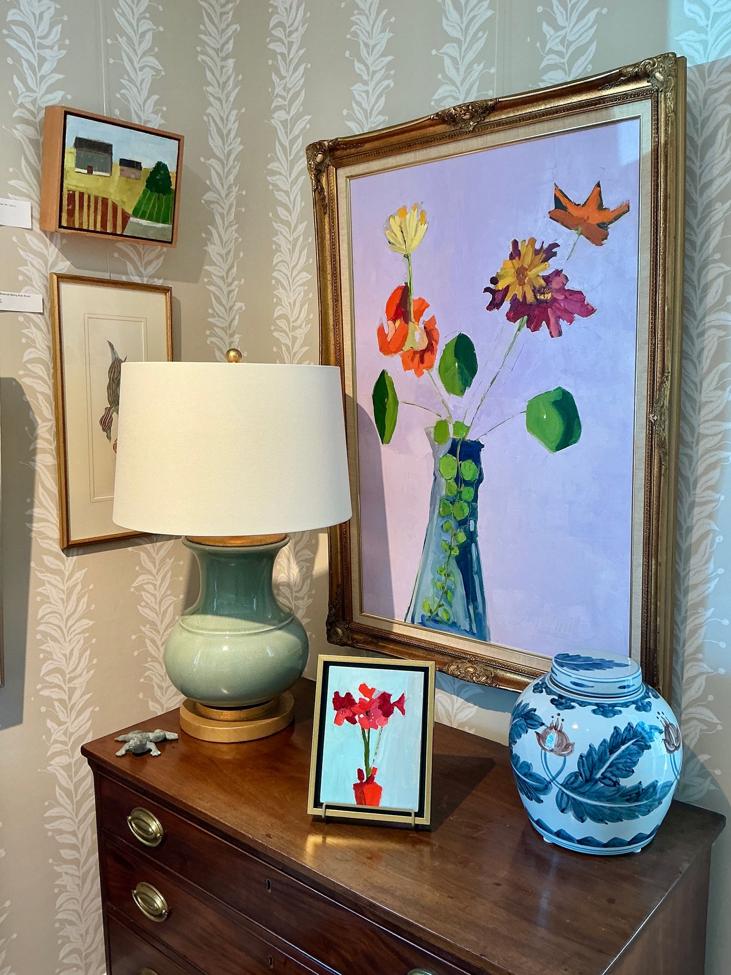 Gretchen McGinnis Little Amaryllis Still Life Floral Oil Painting in Gold and Black Floater Frame