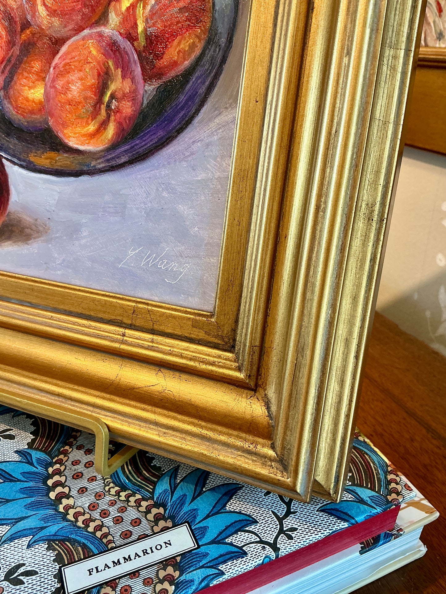 Youqing Wang Peaches in a Blue Bowl Still Life Oil Painting in Gold Frame