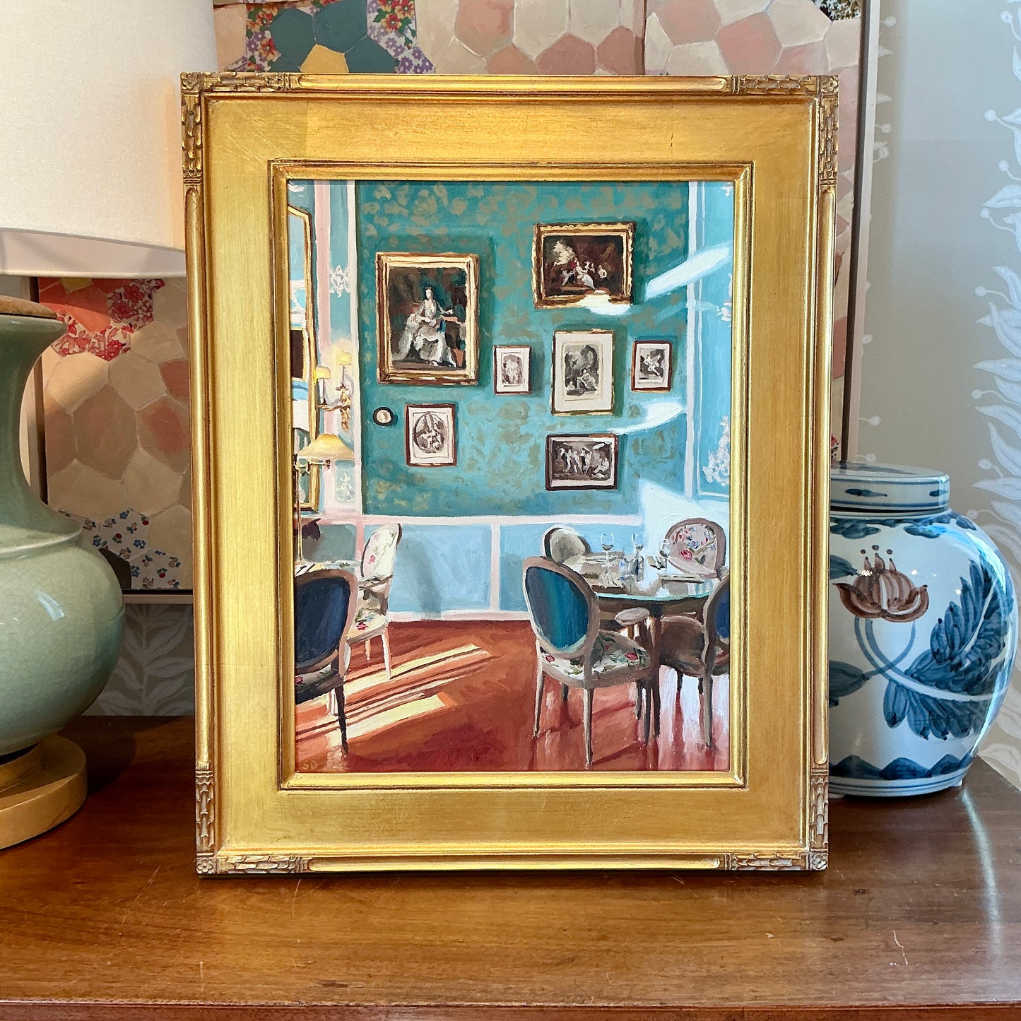 Stephanie Doucet Salon Bleu Au Soleil, Aix-en-Provence French Interior Oil Painting in Gold Frame