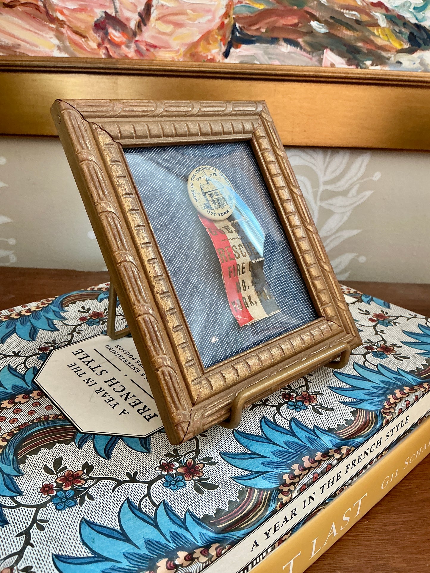 Vintage Fire Rescue York, PA Button and Ribbon on Blue Pique in Dark Gold Carved Frame