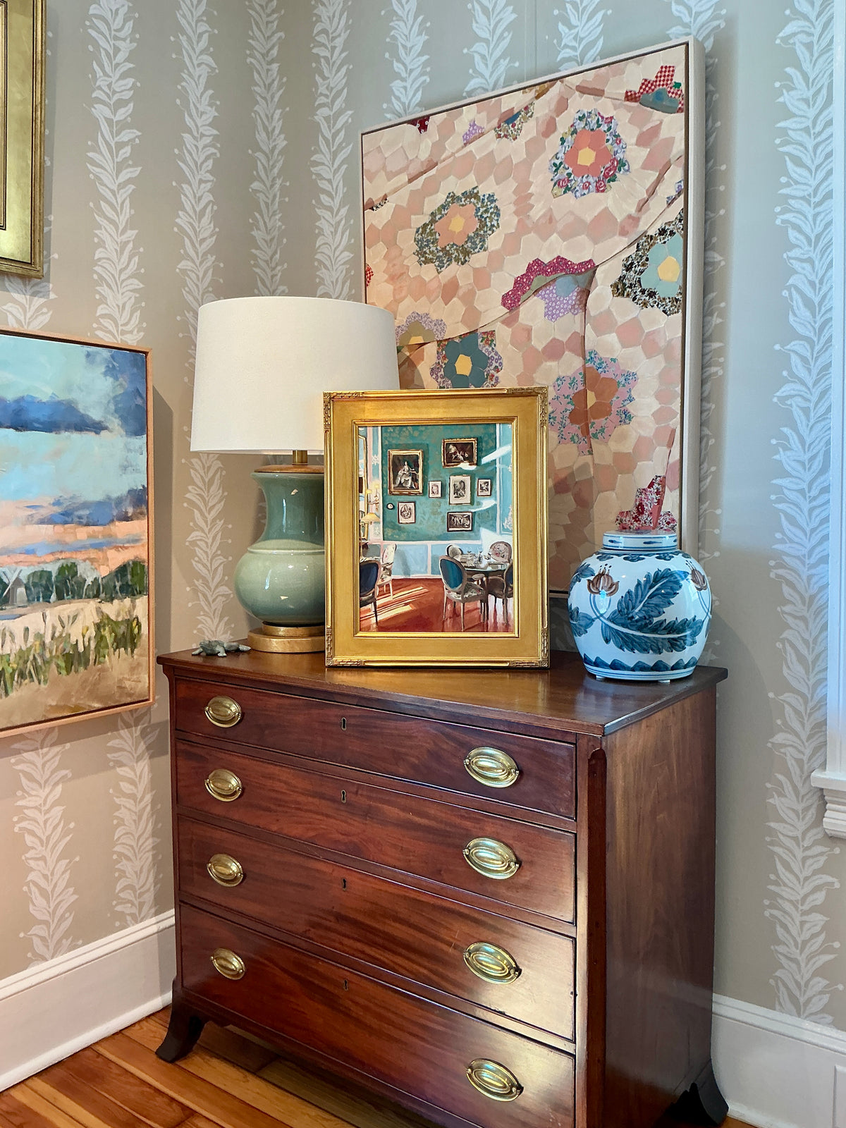 Stephanie Doucet Salon Bleu Au Soleil, Aix-en-Provence French Interior Oil Painting in Gold Frame
