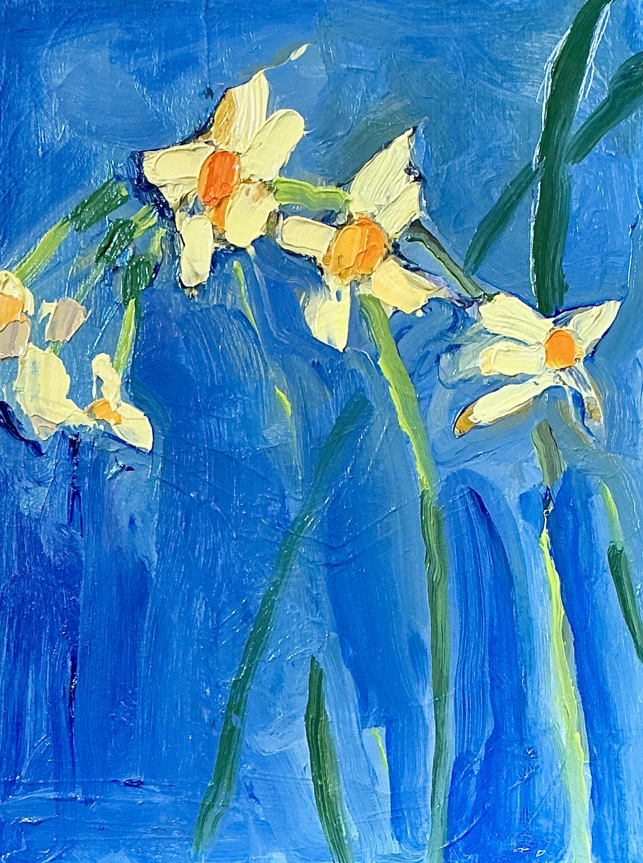 Gretchen McGinnis Handful Of Yellow Mini Daffodils Still Life Oil Painting in Gold Floater Frame