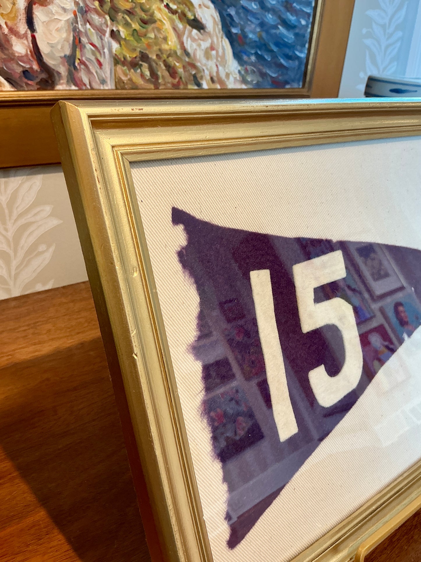Vintage Handmade Felt Sailing Regatta Pennant Number "15" on Ivory Duck Cloth in Gold Frame